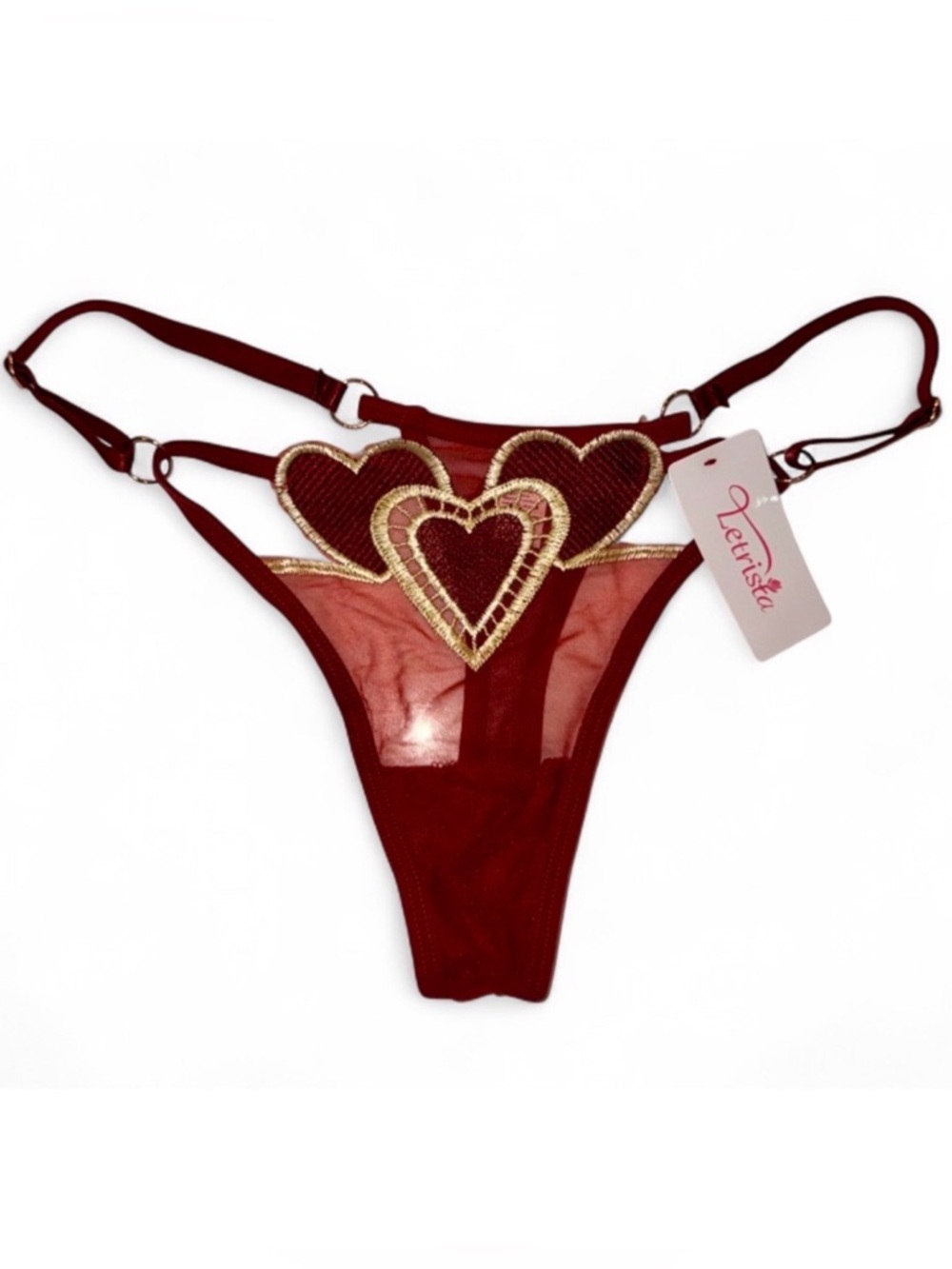 NEW Sheer Mesh Embroidered Hearts Thong - Medium